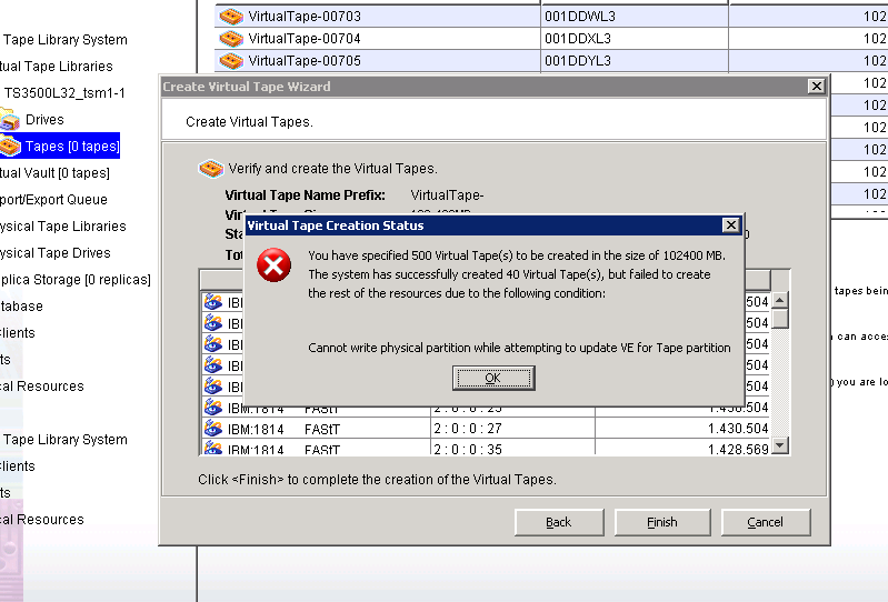 Failure during the initiation of 500 virtual catridges